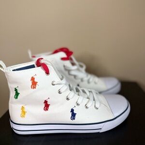 Polo Ralph Lauren Pony Print High Top Sneakers White NWT Womens 8.5 Kids 7